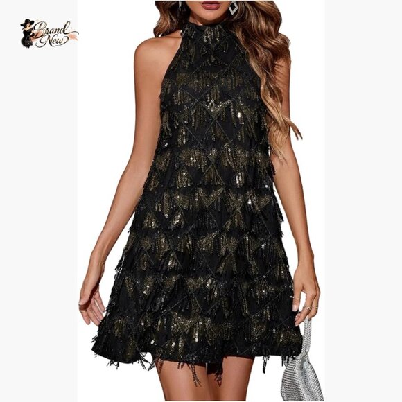 Sequin Halter Mini Dress Sleeveless Keyhole Back Party Clubwear